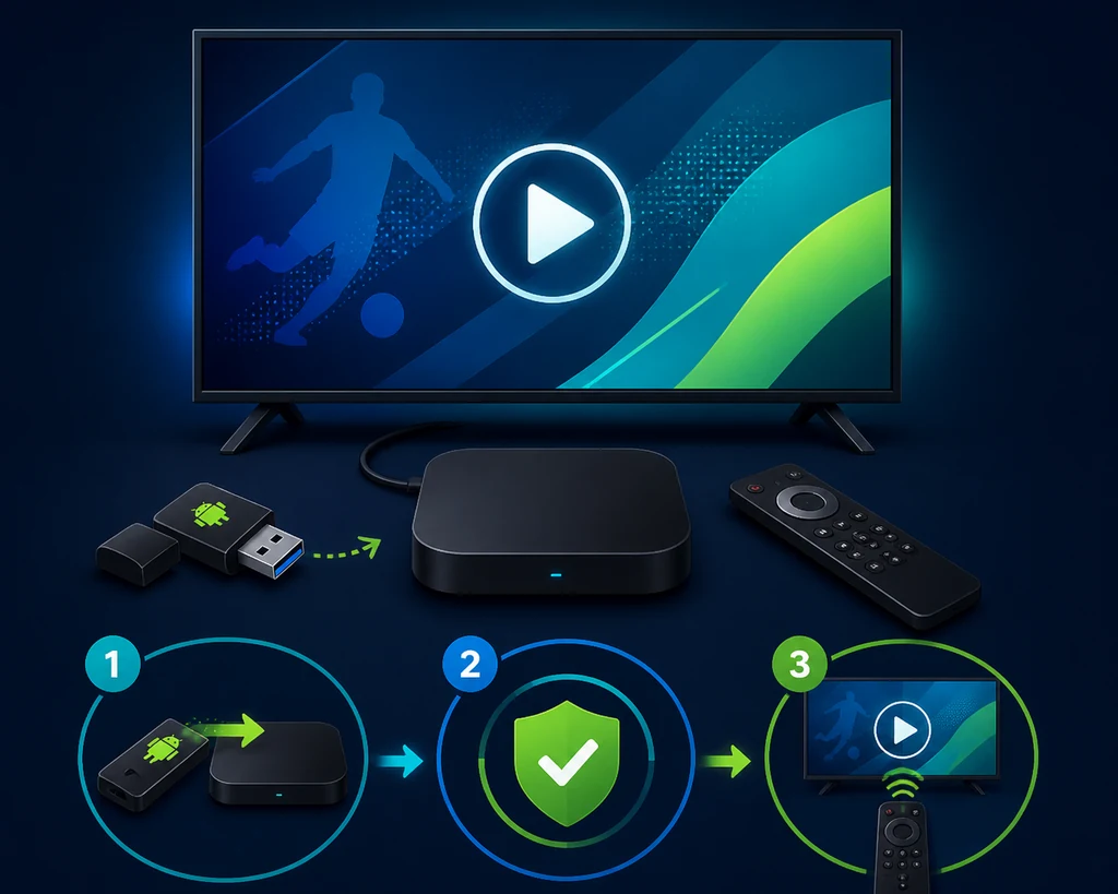 Illustrated Android TV box installation workflow for Krira TV